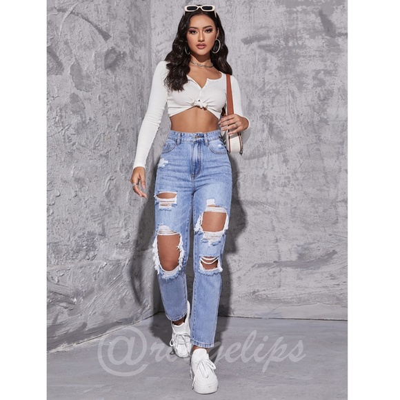 Light Wash Blue Jeans Distressed Ripped High Waist Raw Hem - Picture 2 of 7